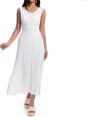 White Large Pleated Midi Dress with Smocked Waist - Flowy Casual Wedding Guest